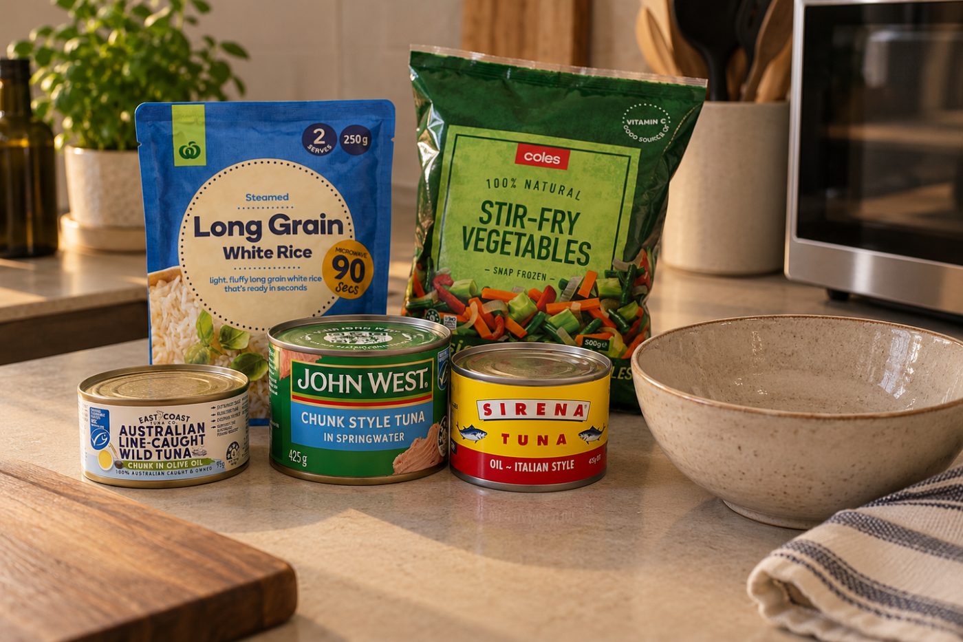 Five-minute backup meal of rice, vegetables and tuna