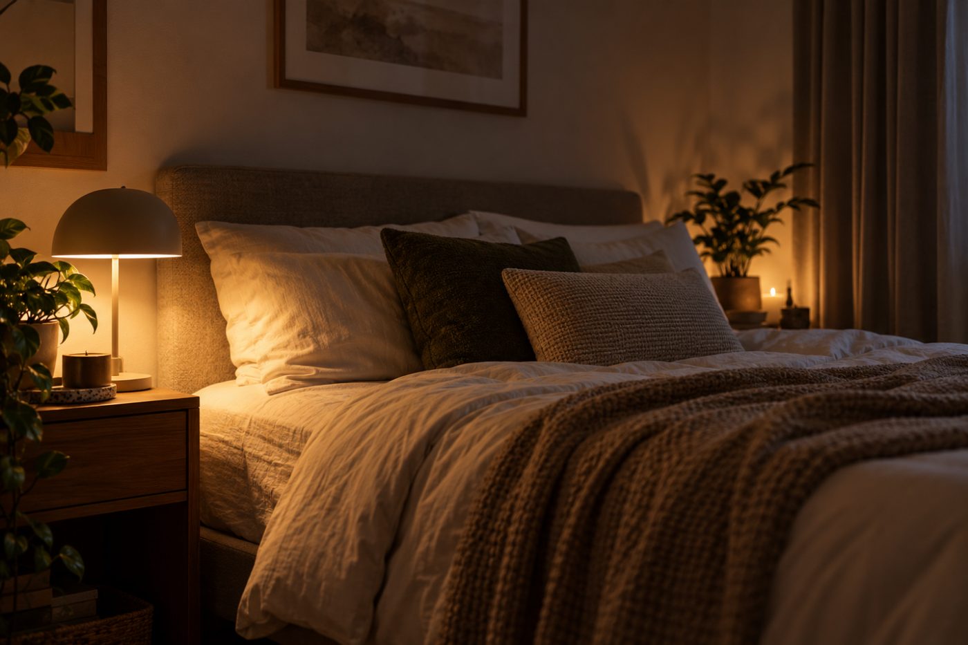 Calm, dark bedroom set up for better sleep