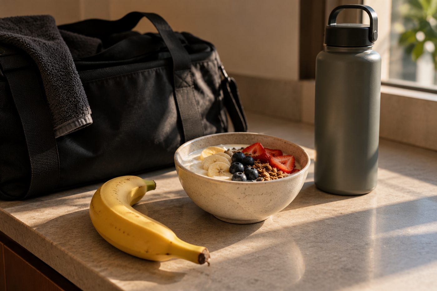 Banana and yoghurt bowl as a small pre-training snack