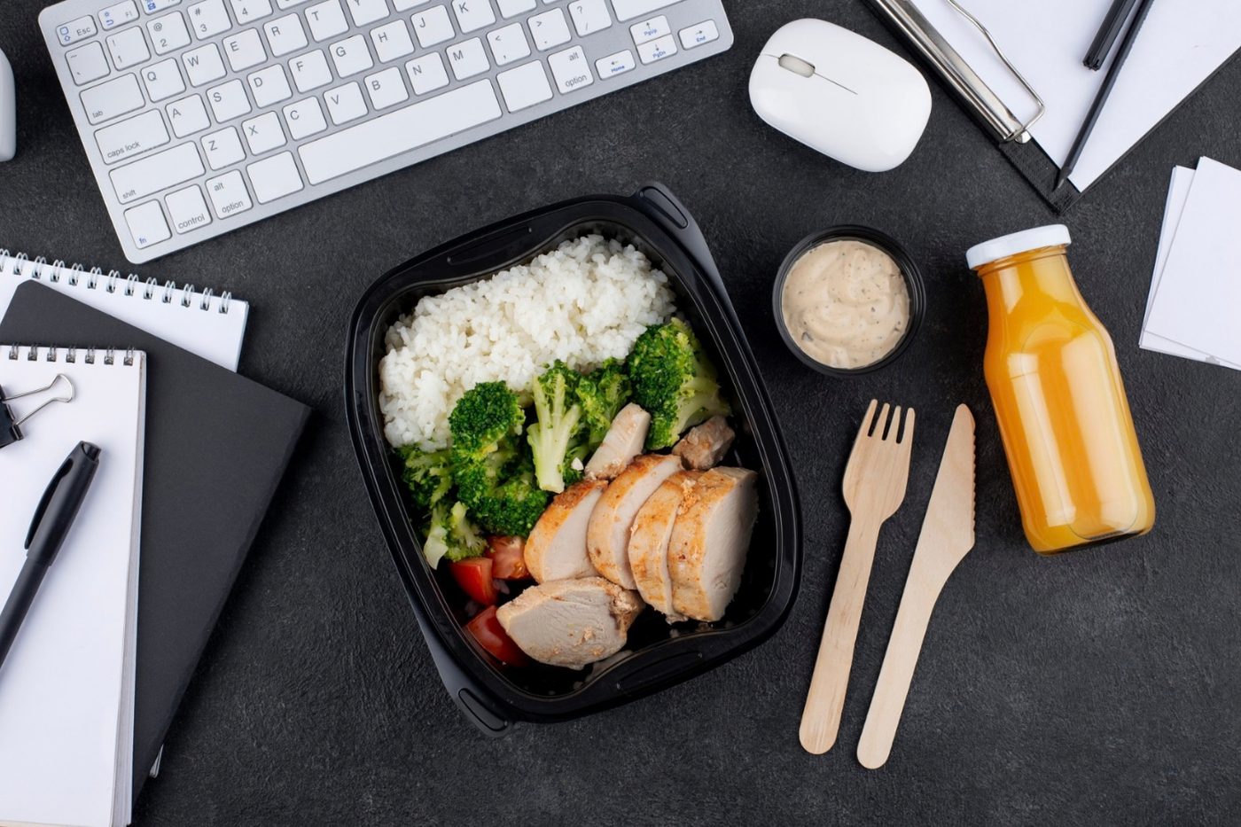 Meal prep container with chicken, rice and broccoli