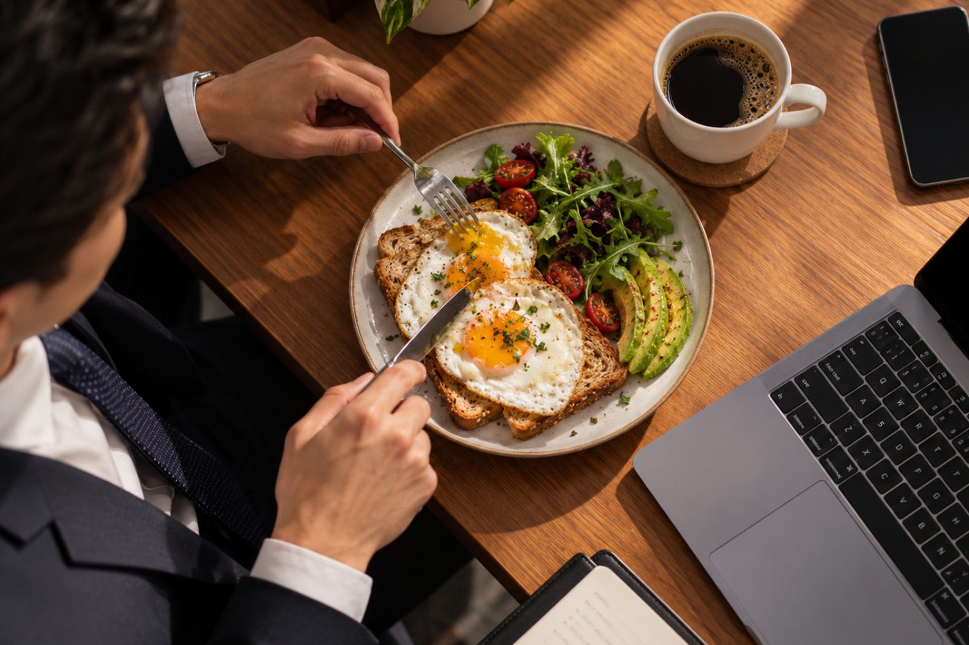 Simple breakfast of eggs, toast and fruit before a busy workday