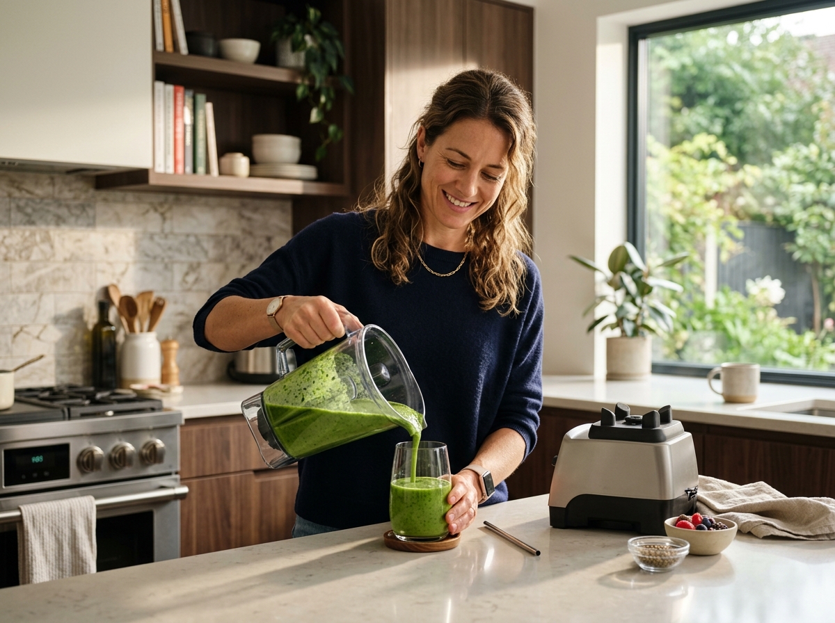 Business owner preparing a quick morning smoothie